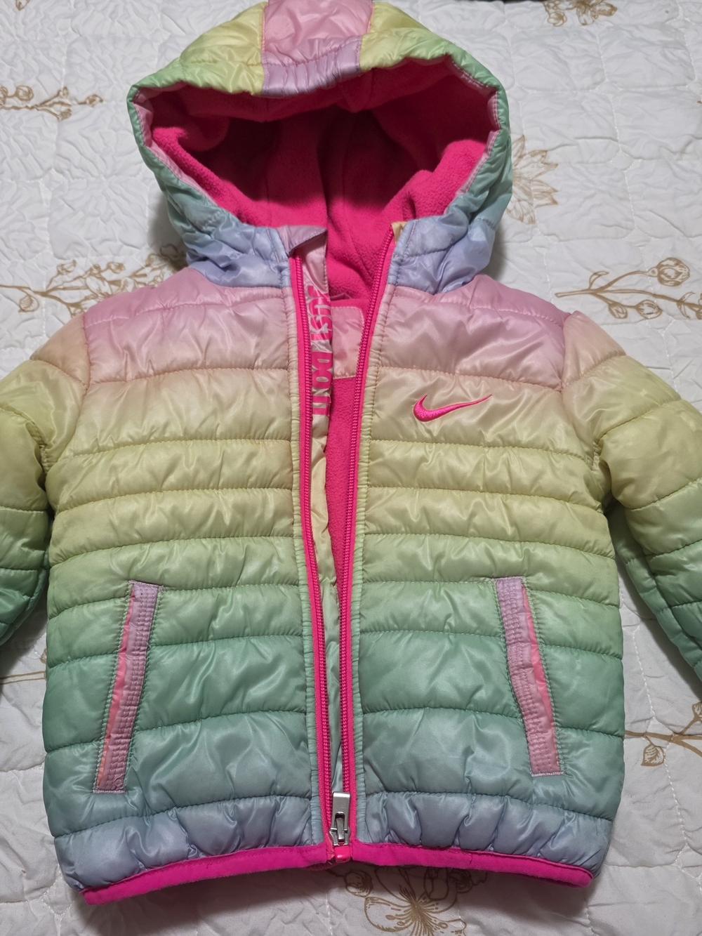 Nike Girls' Rainbow Pastel Puffer Jacket with Hot Pink Lining